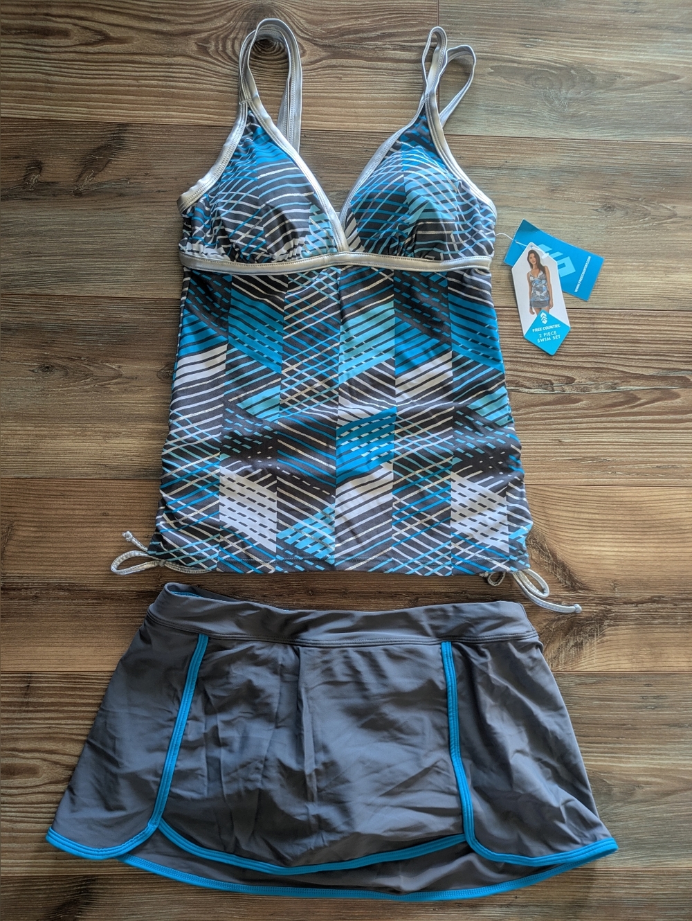 Free Country Tankini & Skort UPF 50 2 Piece Swim Set Blue &‎ Gray Medium